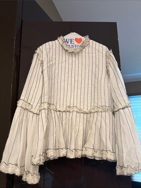 CHANEL White Pinstripe Ruffle Peplum Blouse